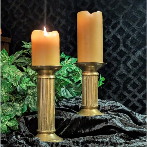 Two Vintage Solid Brass Thick Olympic Style Column Fluted Center Candle Holders - Picture 2 of 8